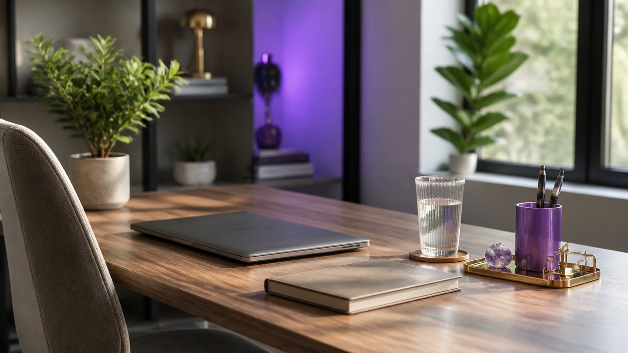 Mesa de escritório organizada com elementos discretos de harmonização energética, como copo de água, planta e cristal pequeno.