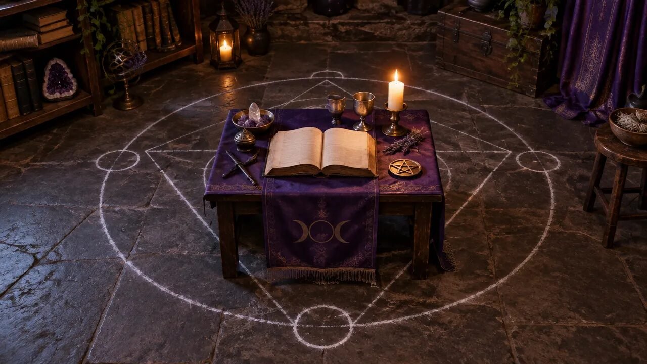 Mesa simbólica com vela, livro aberto e círculo ritual em ambiente sereno, ilustrando a magia cerimonial
