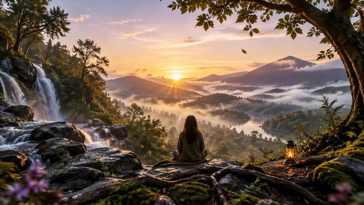 Paisagem natural contemplativa com água, terra, fogo e ar simbolizando os elementais