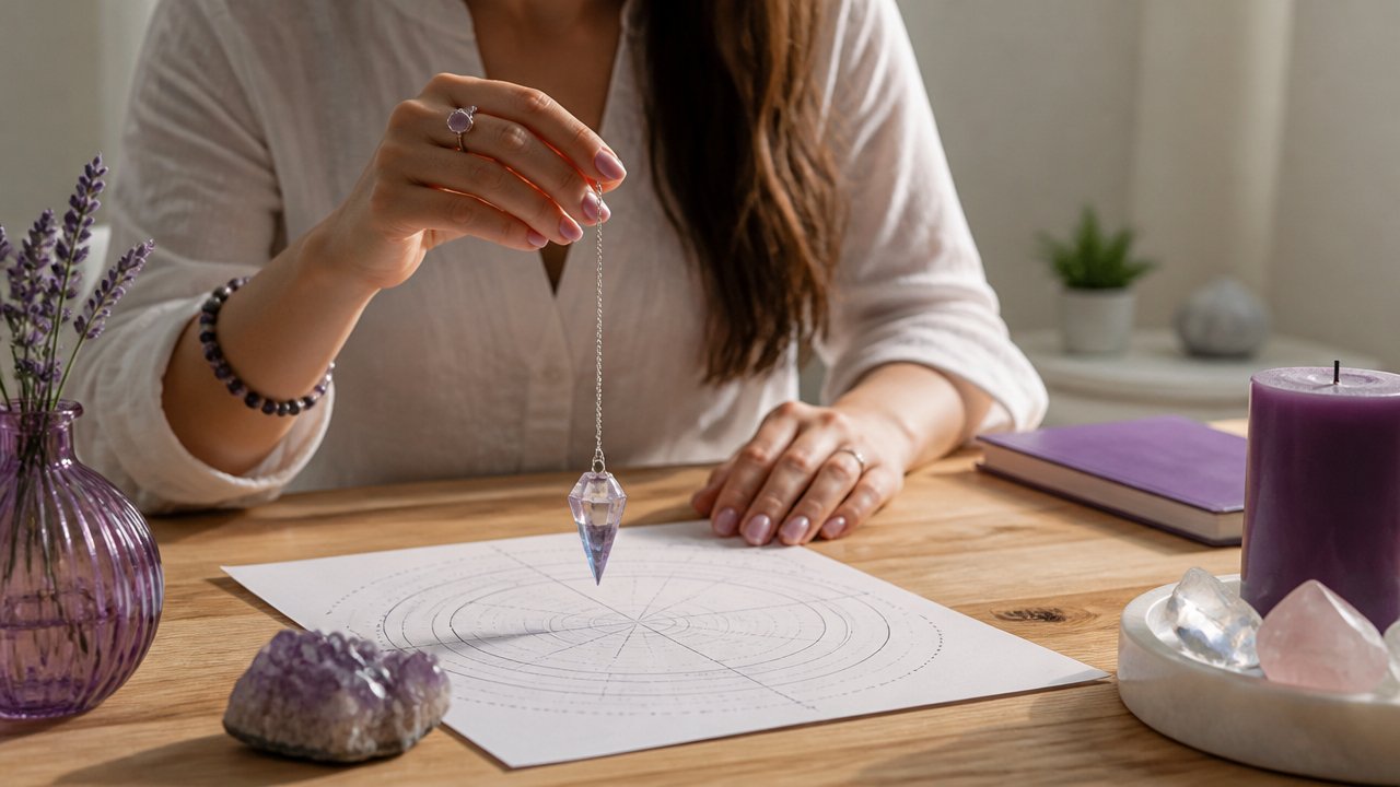 Pêndulo de cristal sobre mesa com gráfico de radiestesia e mãos em posição de consulta