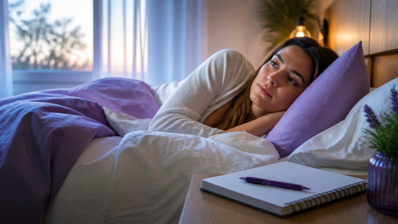 Pessoa despertando e refletindo sobre um sonho, com caderno ao lado da cama