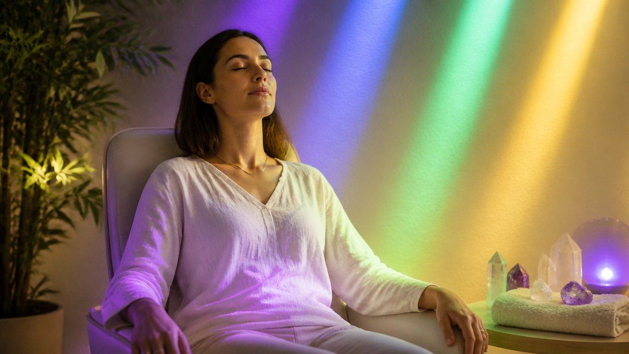 Pessoa em ambiente terapêutico relaxando sob luzes coloridas suaves, representando a cromoterapia.