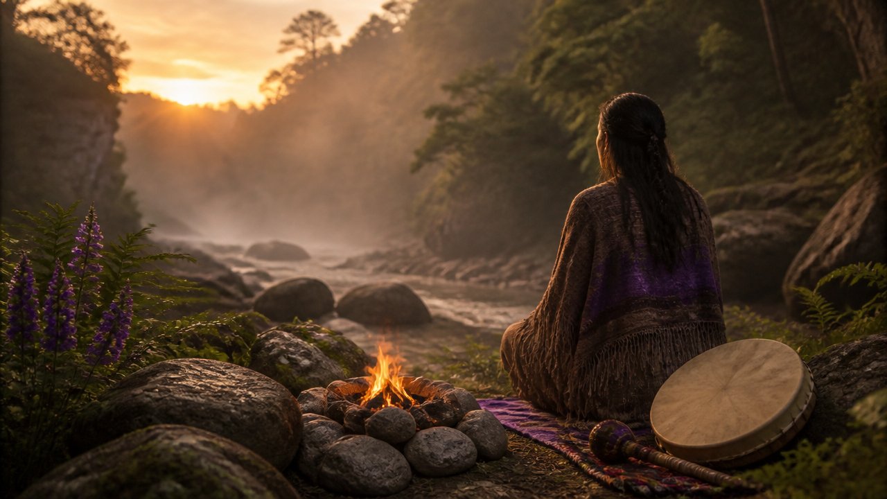 Pessoa em contemplação na natureza, diante de uma fogueira e instrumentos rituais, representando conexão espiritual com a natureza.