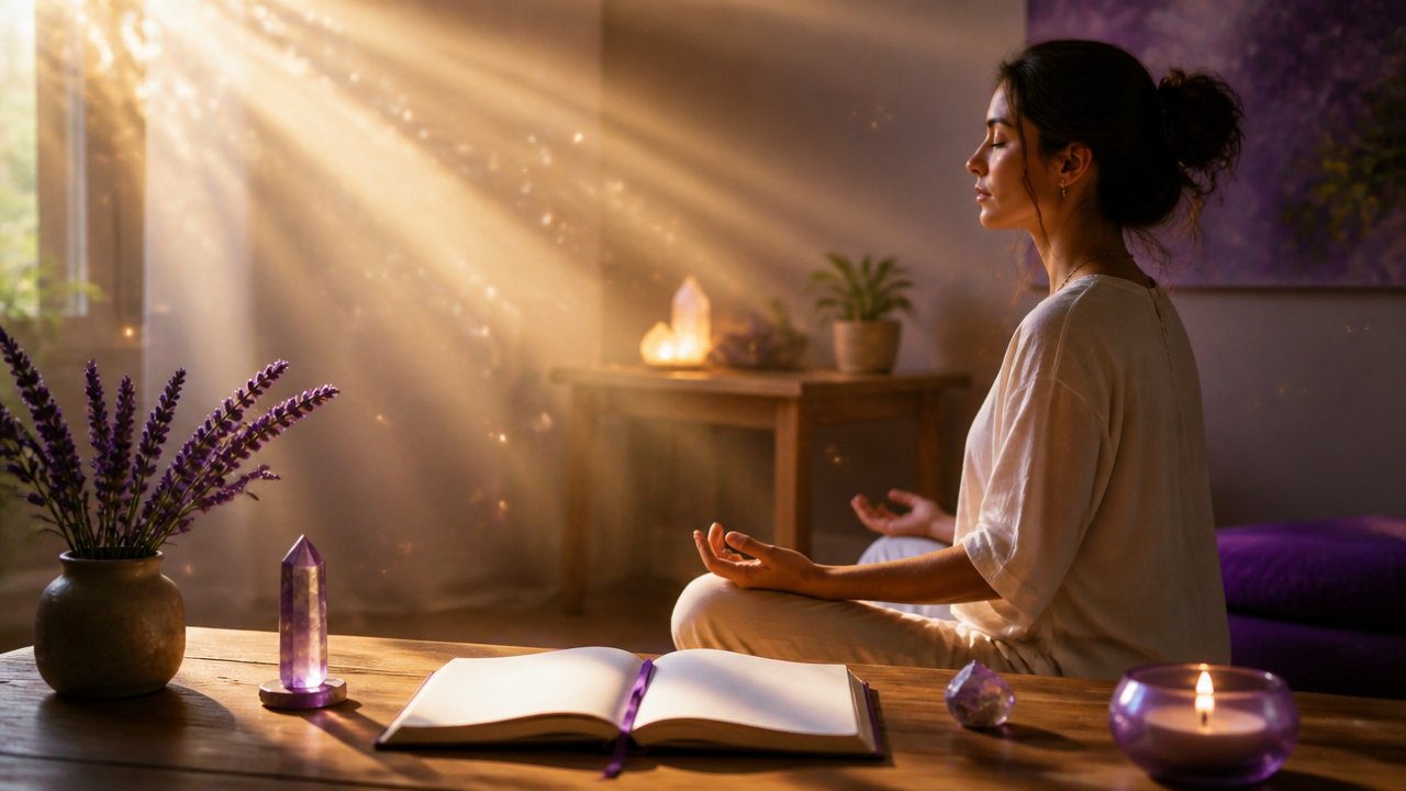 Pessoa em meditação diante de um caderno e um cristal, em ambiente sereno, representando introspecção e conexão espiritual.