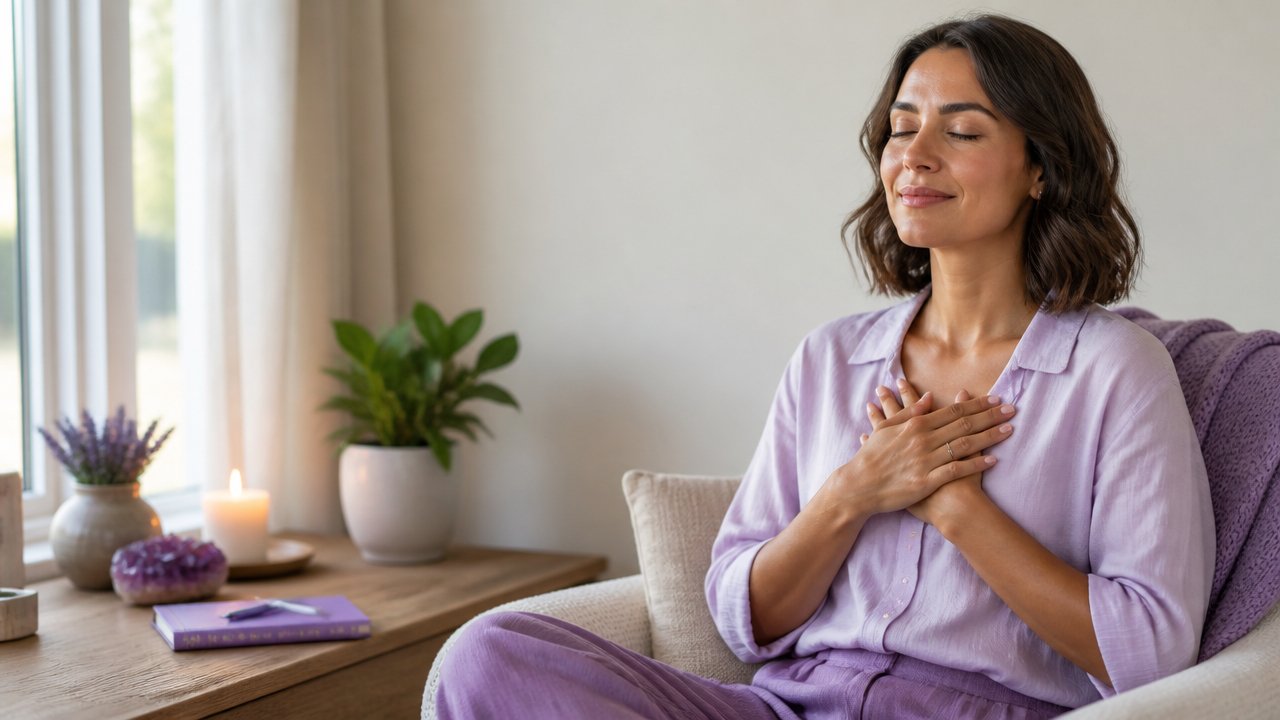 Pessoa em momento de introspecção e perdão, praticando ho'oponopono em casa com atmosfera serena