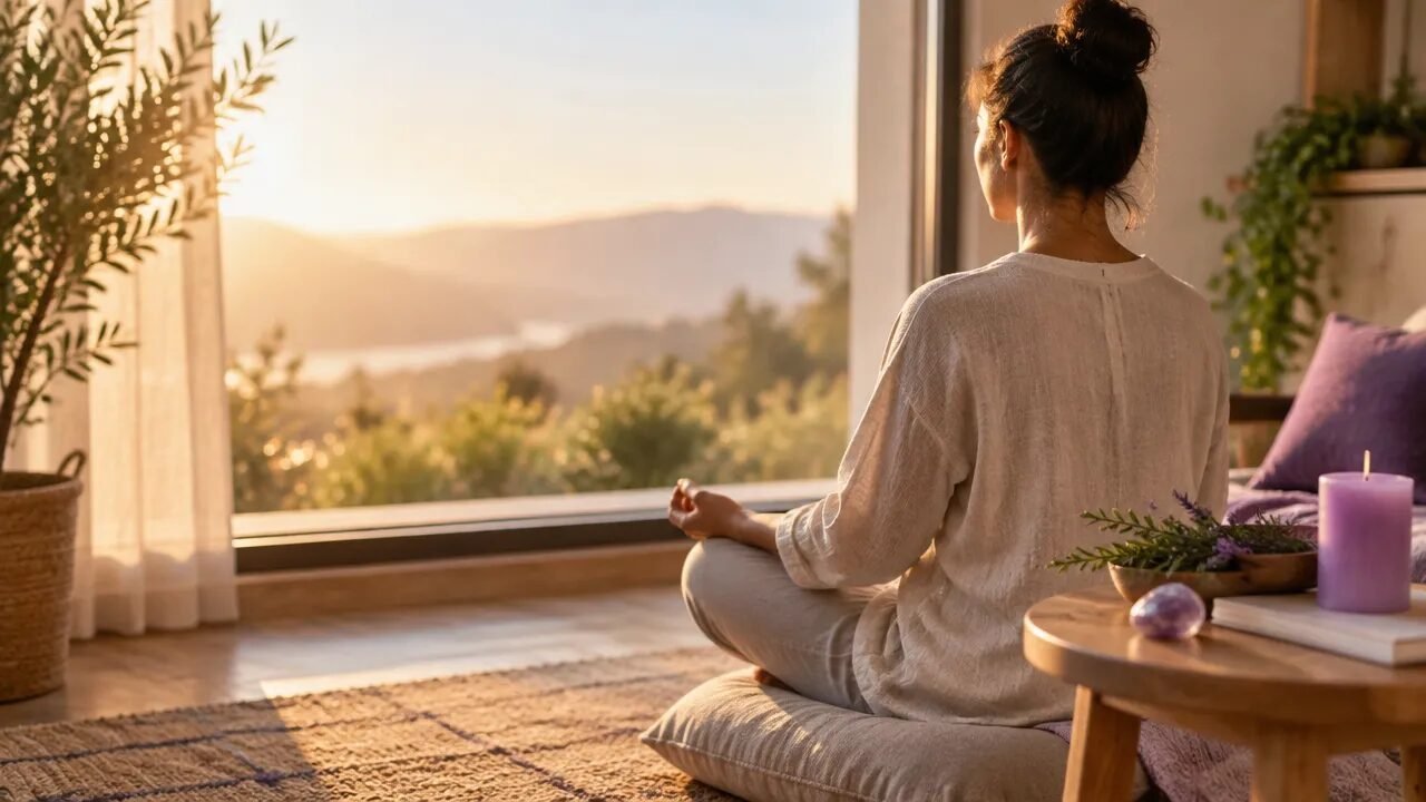 Pessoa em momento de meditação tranquila junto a uma janela, com ervas e pedra natural ao lado