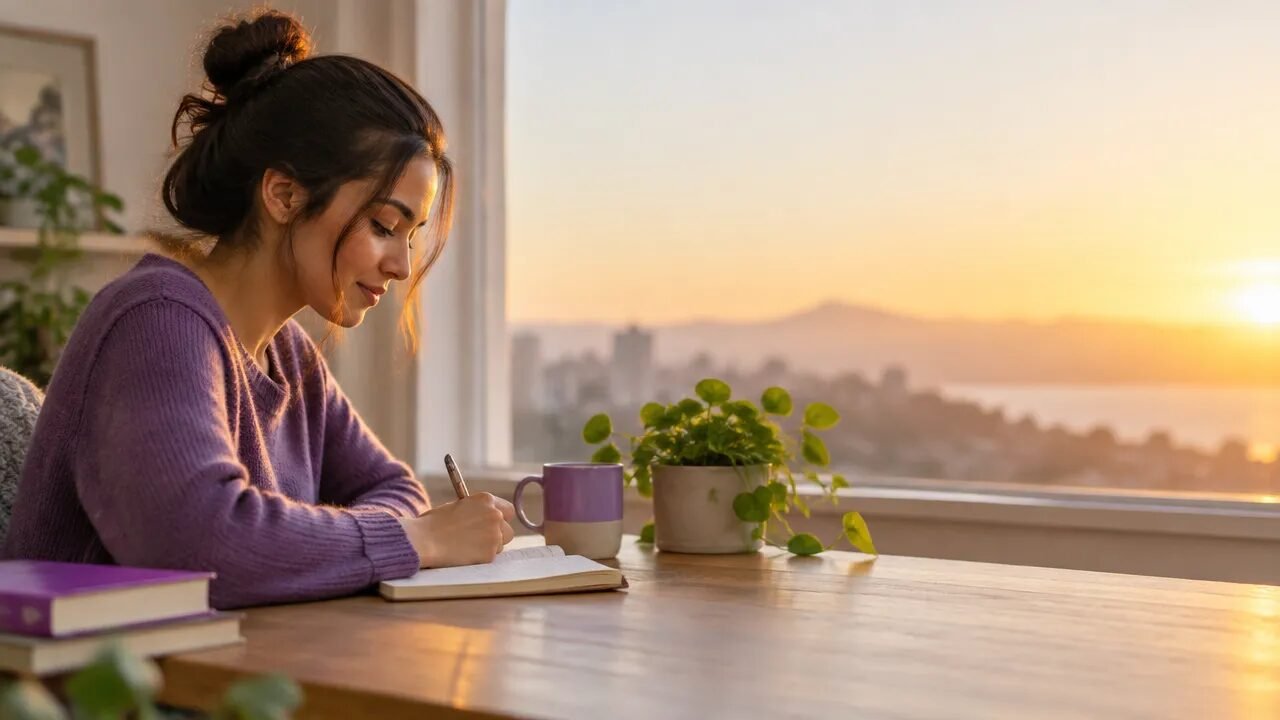 Pessoa escrevendo intenções e objetivos em um caderno junto à janela, em uma cena tranquila e iluminada