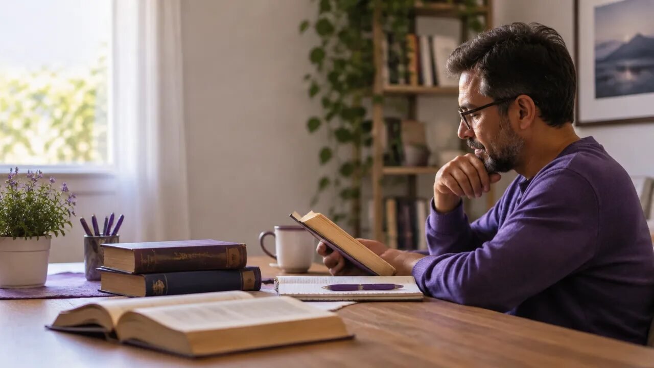 Pessoa estudando livros sobre espiritismo em uma sala tranquila