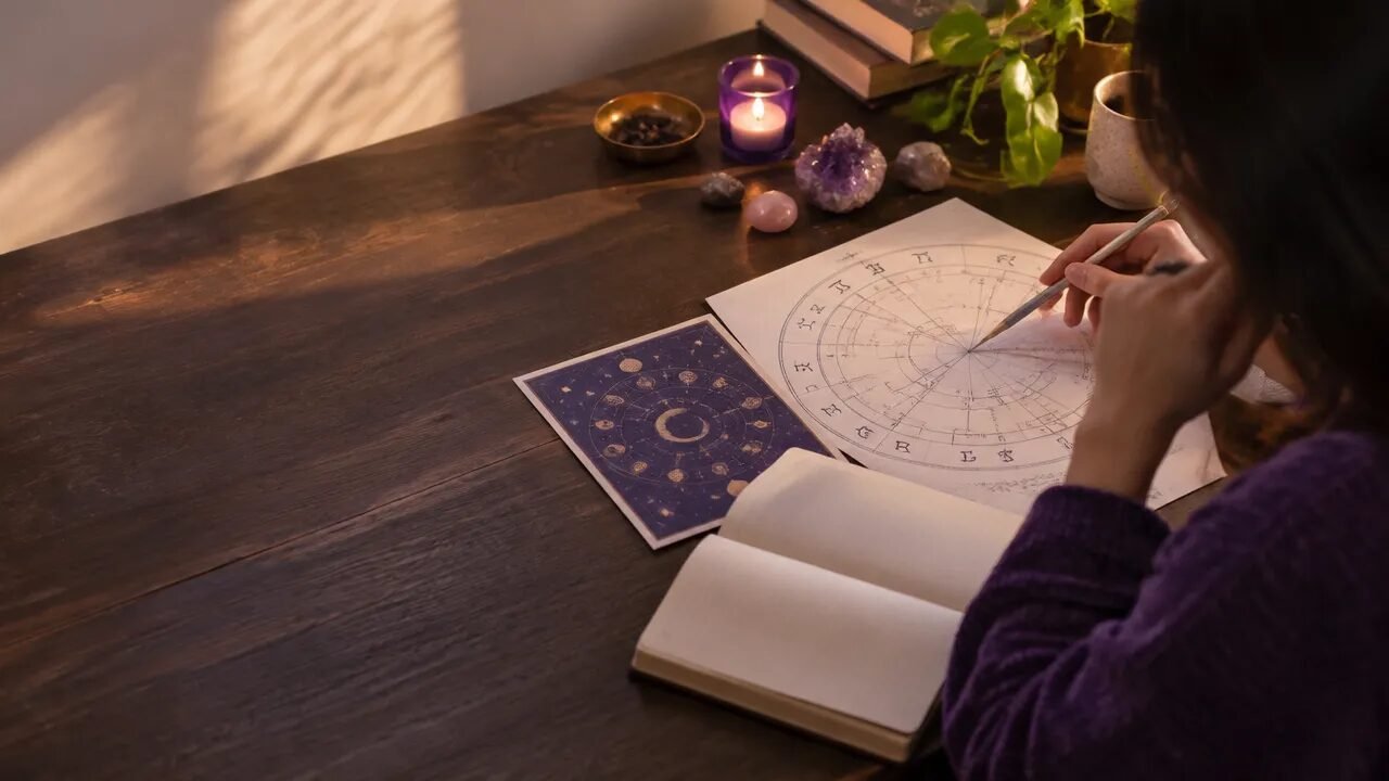 Pessoa estudando um mapa astral circular em uma mesa com caderno e carta celeste