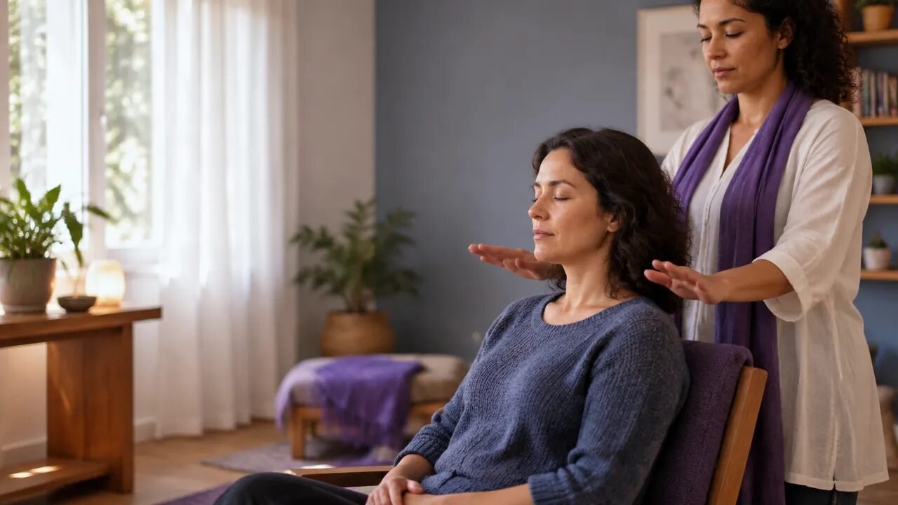 Pessoa recebendo um passe espiritual com as mãos da praticante posicionadas sem contato físico