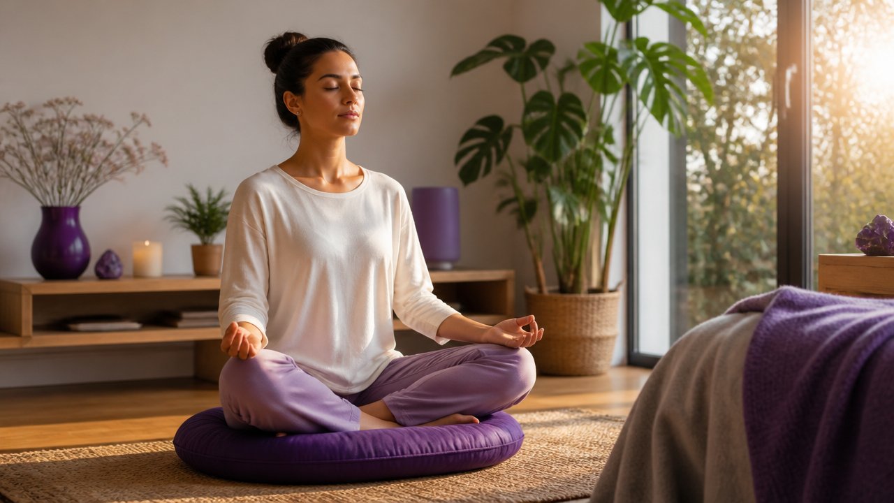 Pessoa sentada em meditação em um ambiente calmo e iluminado pela manhã