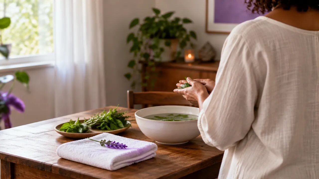 Preparação tranquila de um ritual simbólico de limpeza espiritual com água, ervas e toalha em ambiente doméstico