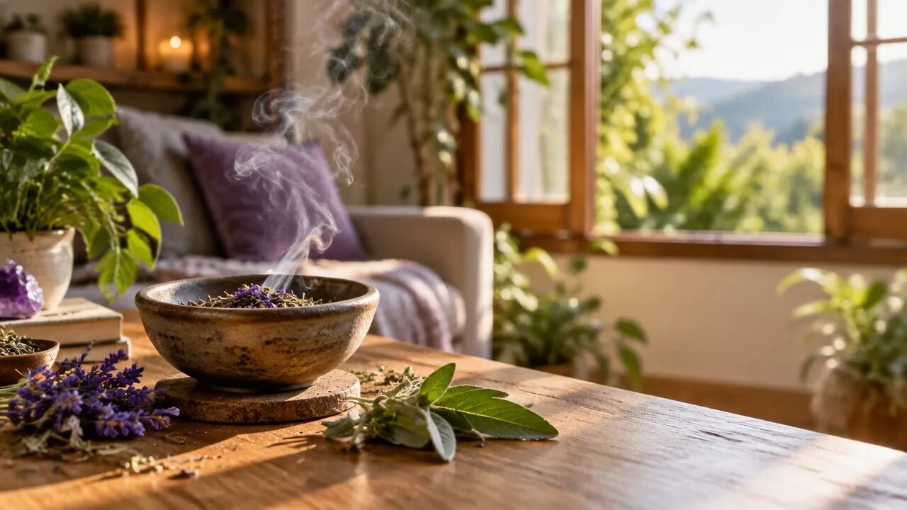 Recipiente com ervas aromáticas soltando fumaça suave em uma sala arejada durante uma defumação espiritual