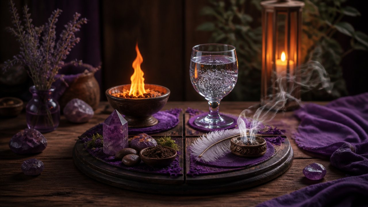 Representação espiritual dos quatro elementos, fogo, água, terra e ar, sobre uma mesa ritual em ambiente sereno.
