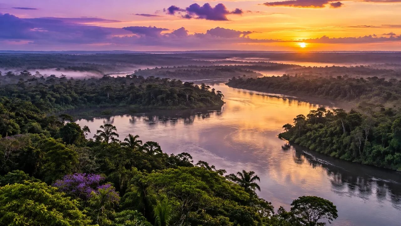 Rio amazônico cercado por floresta sob a luz suave da manhã, evocando a relação entre território, natureza e pajelança