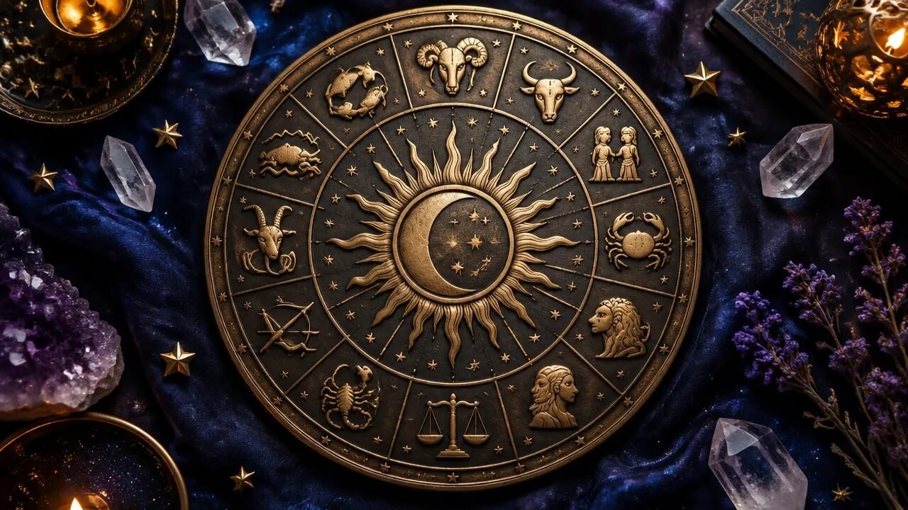 Roda zodiacal com os símbolos dos doze signos sobre fundo azul-escuro