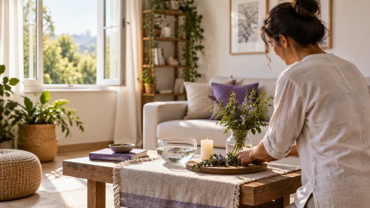 Sala iluminada e organizada com uma mesa simples preparada para um momento de limpeza espiritual