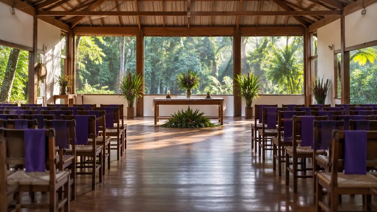 Salão comunitário sereno com cadeiras organizadas e luz natural, representando o contexto ritual do Santo Daime