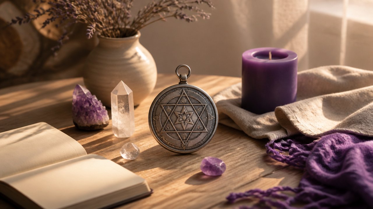 Talismã metálico sobre mesa com cristais e elementos de uso espiritual em ambiente sereno