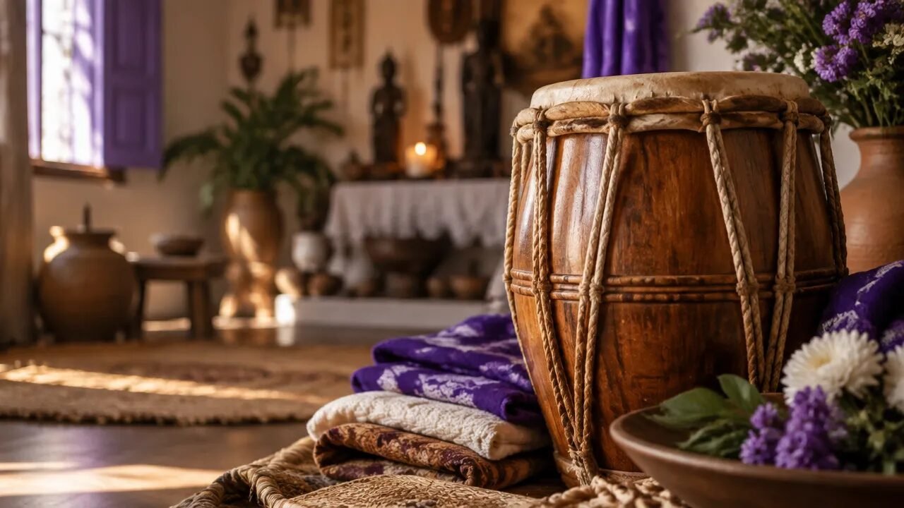 Tambor de madeira e tecidos tradicionais em ambiente sereno, imagem editorial sobre o Batuque gaúcho