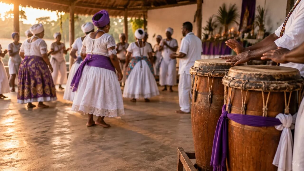 Tambores e roda de dança em uma representação respeitosa de uma cerimônia de Tambor de Mina
