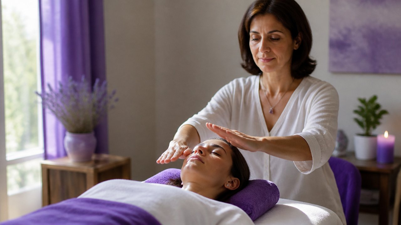 Terapeuta aplicando Reiki com as mãos próximas ao corpo de uma pessoa em ambiente tranquilo e acolhedor