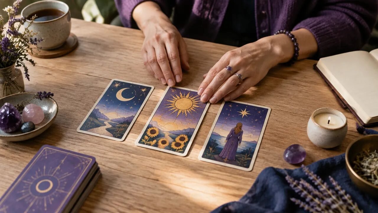 Tiragem de cartas de tarot sobre uma mesa, com caderno e vela em ambiente sereno