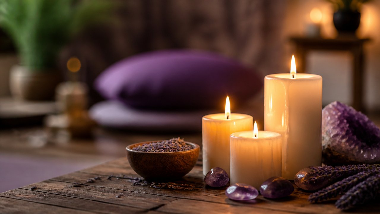 Velas acesas em ambiente sereno com cristais e elementos espirituais discretos